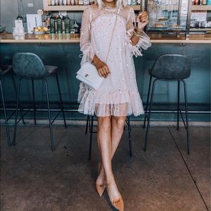 Flounce Sleeve Frill Trim Star Sequin Mesh Dress